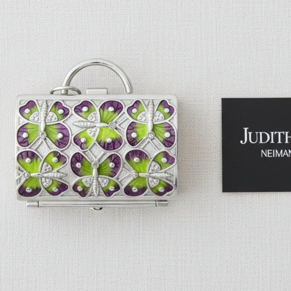 Judith Lieber Neiman Marcus Enamel Butterfly Crystals Pill Box keychain suitcase - Picture 1 of 7